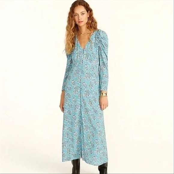New. J. Crew Fall Midi Paisley Puff Sleeve Button Up Dress Size 16 - Picture 1 of 9